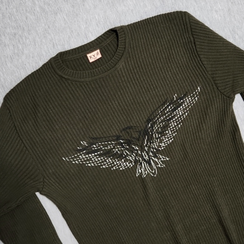 Vintage Y2K XYZ Grunge Eagle Olive Ribbed Pullover Crewneck Sweater Top Shirt - Picture 3 of 12